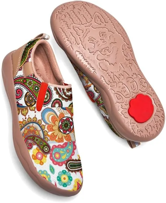 Women's Slip On Sneakers Casual Loafers Art Painted Comfort Soft Walking Shoes Cashew Floral Print Bandana Style