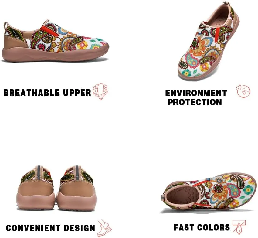 Women's Slip On Sneakers Casual Loafers Art Painted Comfort Soft Walking Shoes Cashew Floral Print Bandana Style