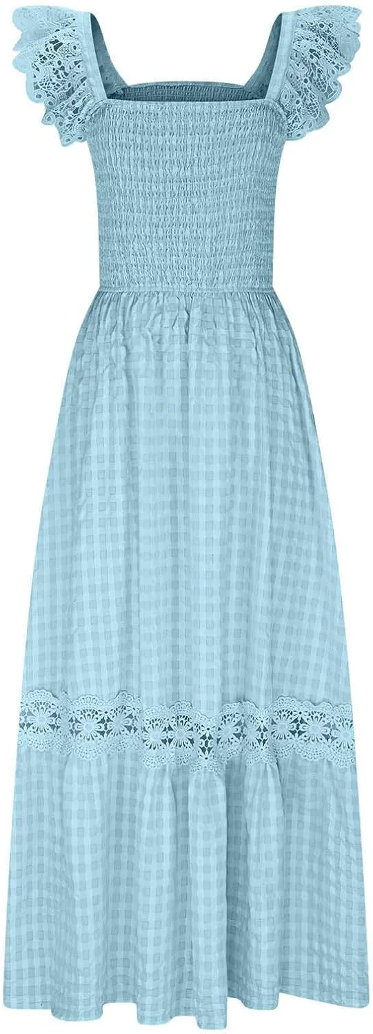 Women's Smocked Summer Plaid Maxi Dresses 2025 Lace Patchwork Ruffle Cap Sleeve Square Neck Flowy A-Line Beach Sundress