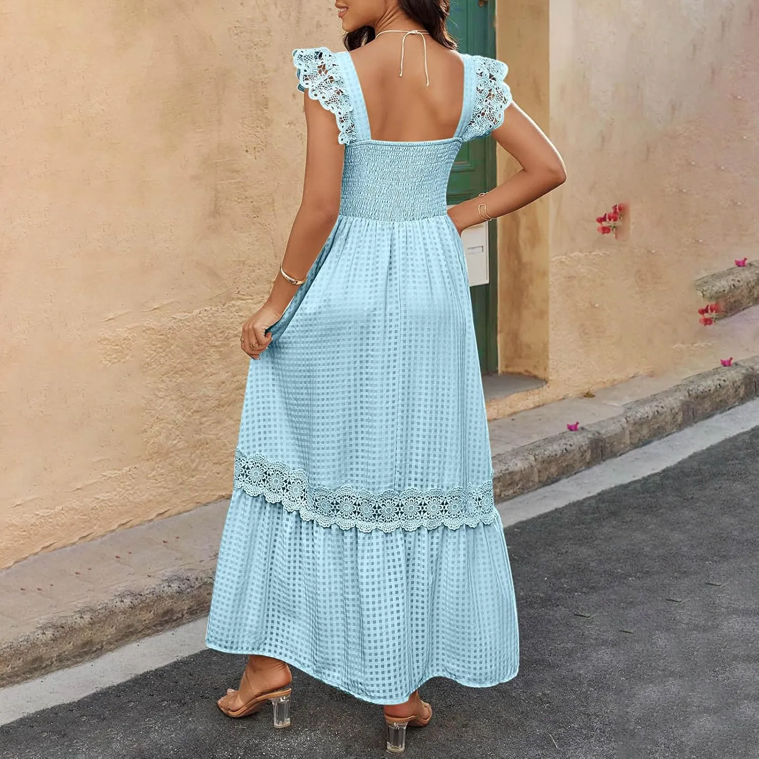 Women's Smocked Summer Plaid Maxi Dresses 2025 Lace Patchwork Ruffle Cap Sleeve Square Neck Flowy A-Line Beach Sundress