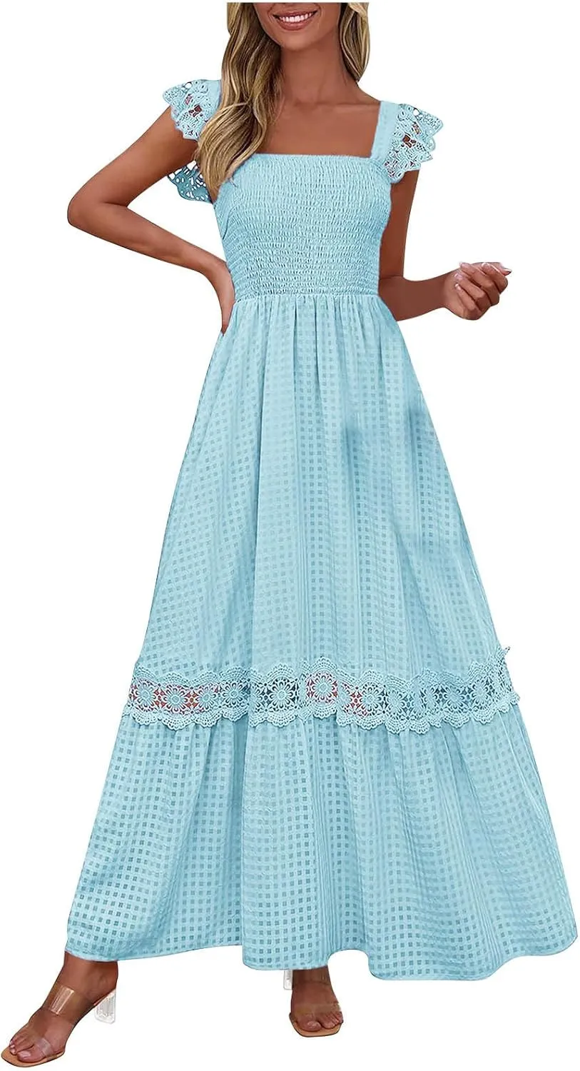 Women's Smocked Summer Plaid Maxi Dresses 2025 Lace Patchwork Ruffle Cap Sleeve Square Neck Flowy A-Line Beach Sundress