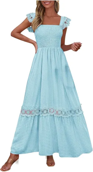 Women's Smocked Summer Plaid Maxi Dresses 2025 Lace Patchwork Ruffle Cap Sleeve Square Neck Flowy A-Line Beach Sundress
