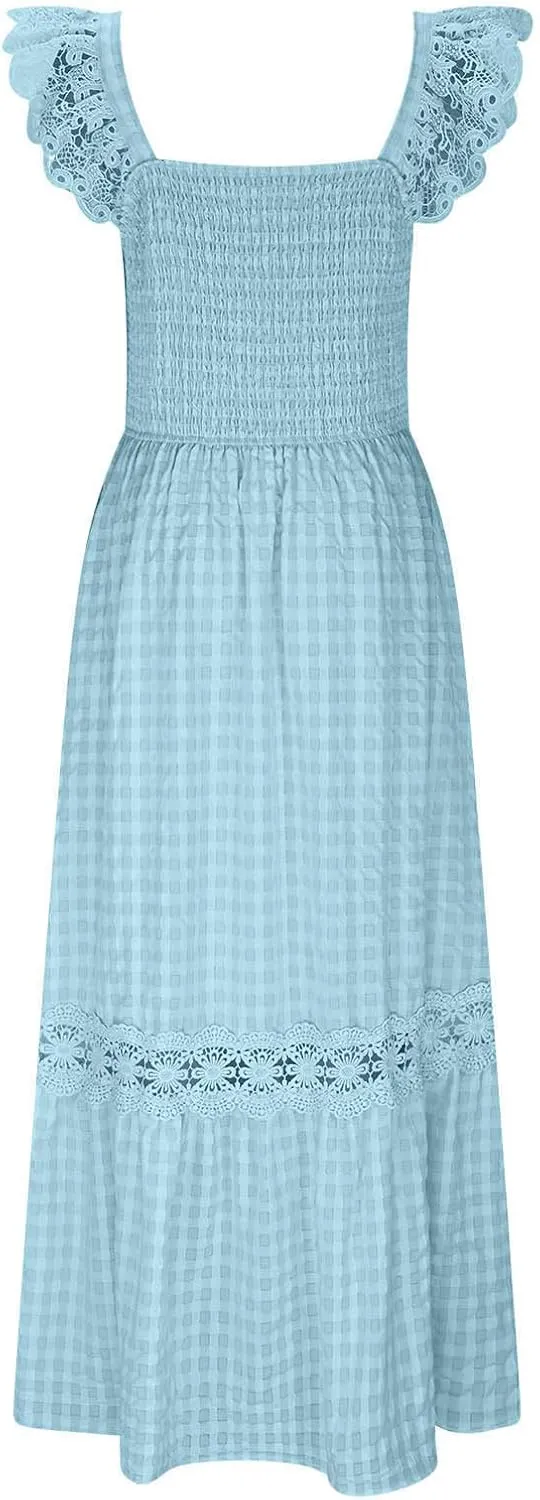 Women's Smocked Summer Plaid Maxi Dresses 2025 Lace Patchwork Ruffle Cap Sleeve Square Neck Flowy A-Line Beach Sundress