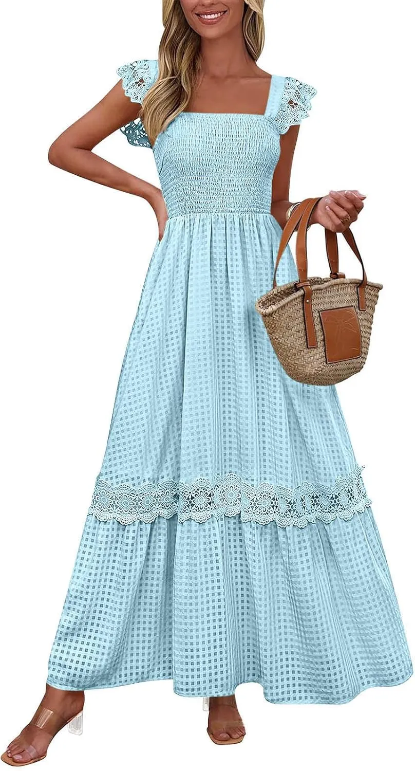 Women's Smocked Summer Plaid Maxi Dresses 2025 Lace Patchwork Ruffle Cap Sleeve Square Neck Flowy A-Line Beach Sundress