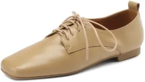 Women's Soft Leather Handmade Square Toe Lace Up Comfortable Office Oxford Flats Shoes