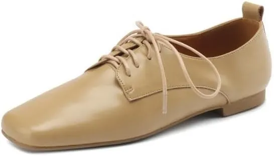 Women's Soft Leather Handmade Square Toe Lace Up Comfortable Office Oxford Flats Shoes