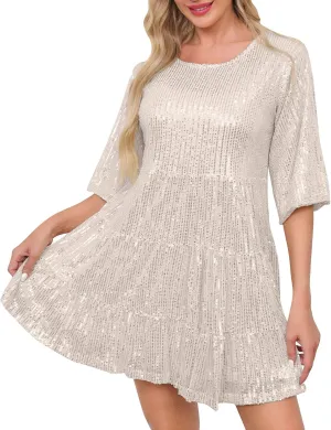Womens Sparkly Glitter Sequin Babydoll Dress Summer Short Sleeve Flowy Tiered A-Line Mini Dresses for Party Club Night