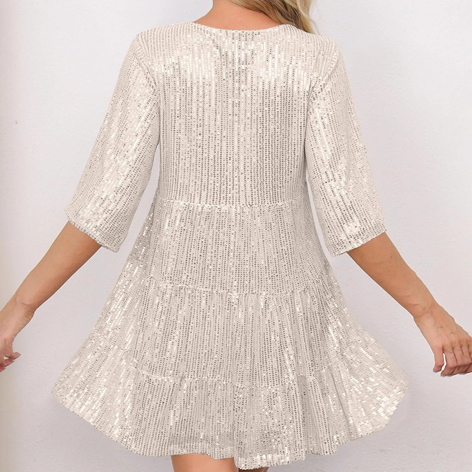 Womens Sparkly Glitter Sequin Babydoll Dress Summer Short Sleeve Flowy Tiered A-Line Mini Dresses for Party Club Night