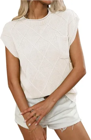 Women's Spring and Summer Round Neck Loose Diamond Patterned Sweater Pocket Decoration Casual Short Sleeved Top