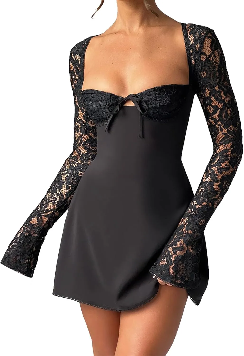 Womens Square Neck Bodycon Mini Dress Retro Lace Floral Long Sleeve Flare Hem Club Party Night Out Dress