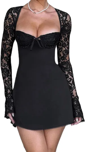 Womens Square Neck Bodycon Mini Dress Retro Lace Floral Long Sleeve Flare Hem Club Party Night Out Dress