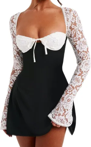 Womens Square Neck Bodycon Mini Dress Retro Lace Floral Long Sleeve Flare Hem Club Party Night Out Dress