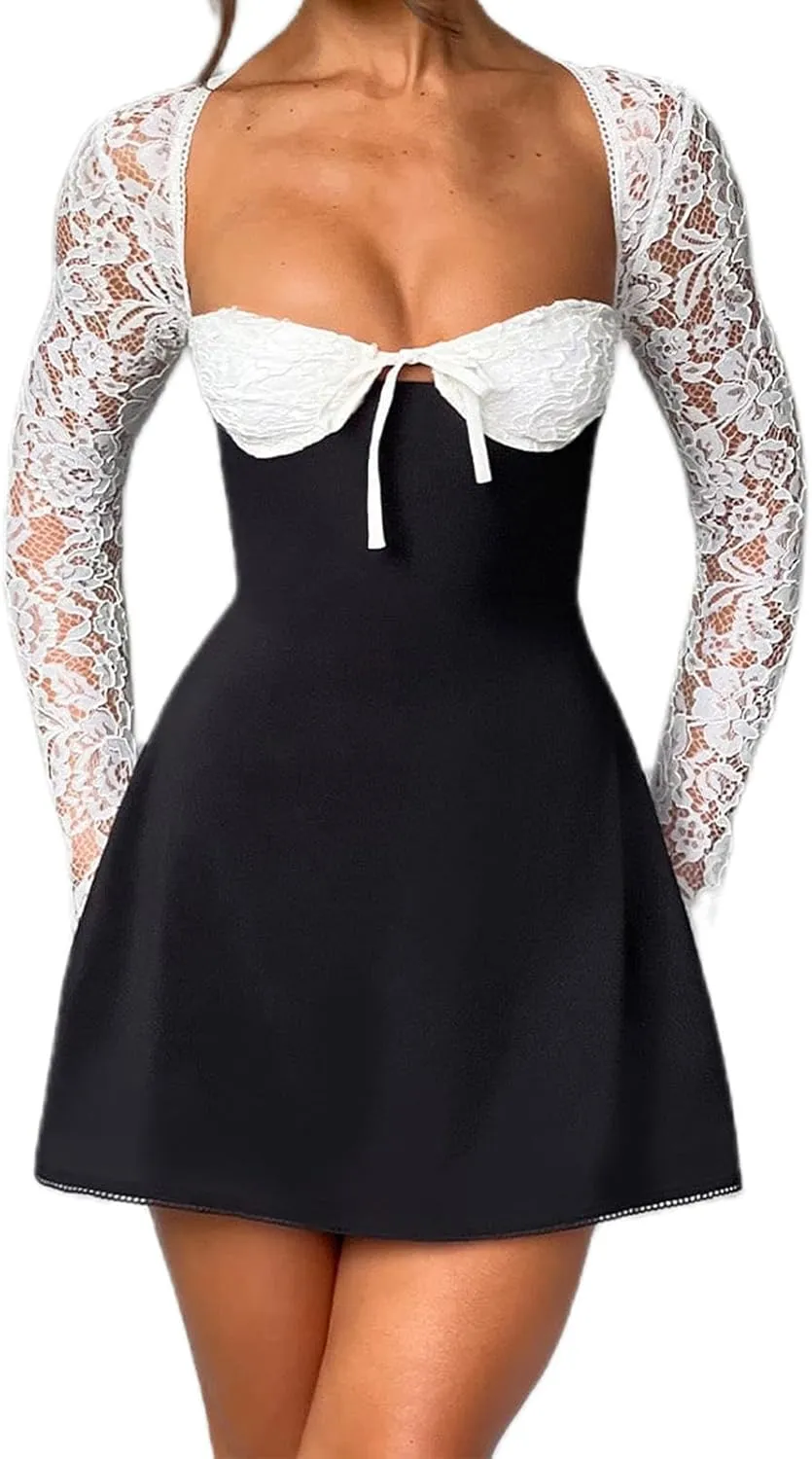 Womens Square Neck Bodycon Mini Dress Retro Lace Floral Long Sleeve Flare Hem Club Party Night Out Dress