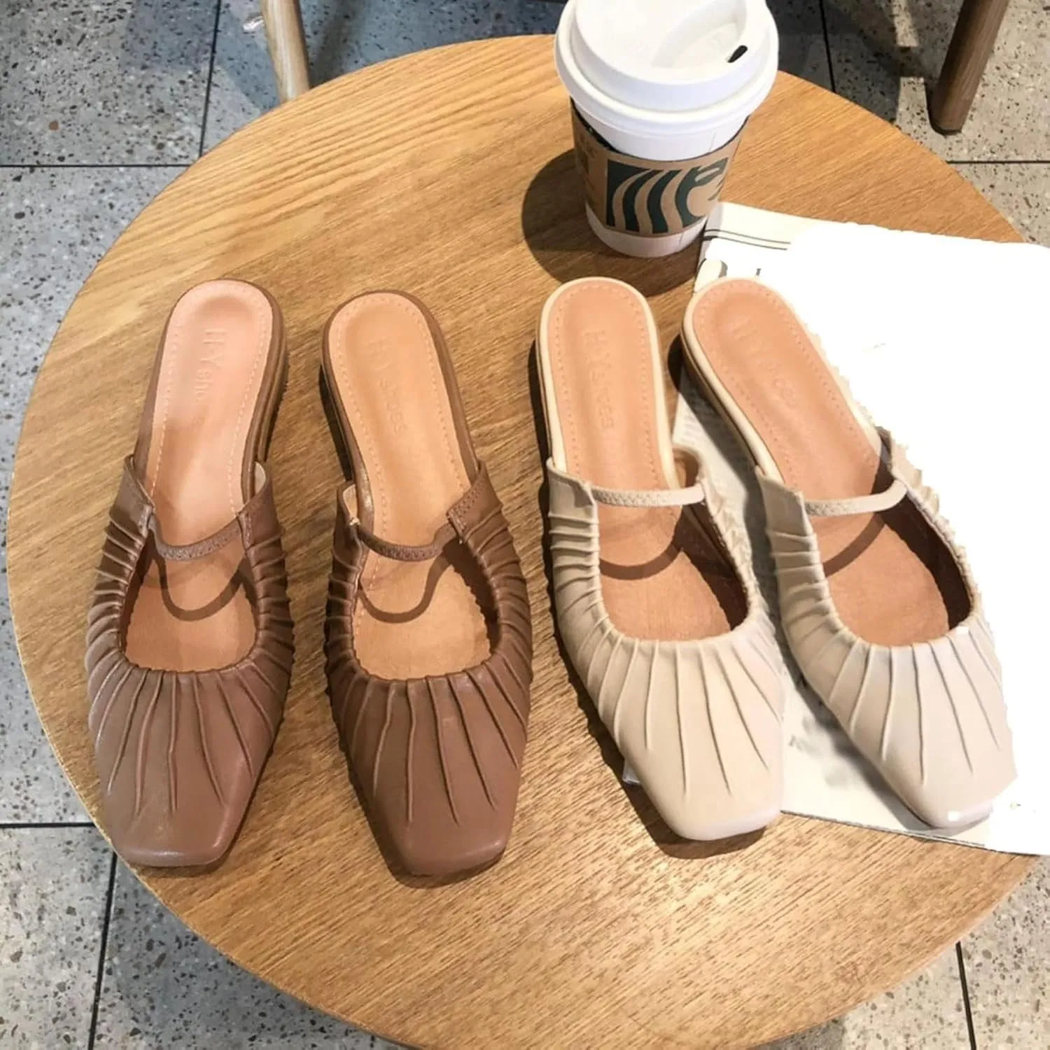 Women's Square Toed Flat Pleated Leather Slip Cover Low Heel Loafers Comfortable Casual Sandals