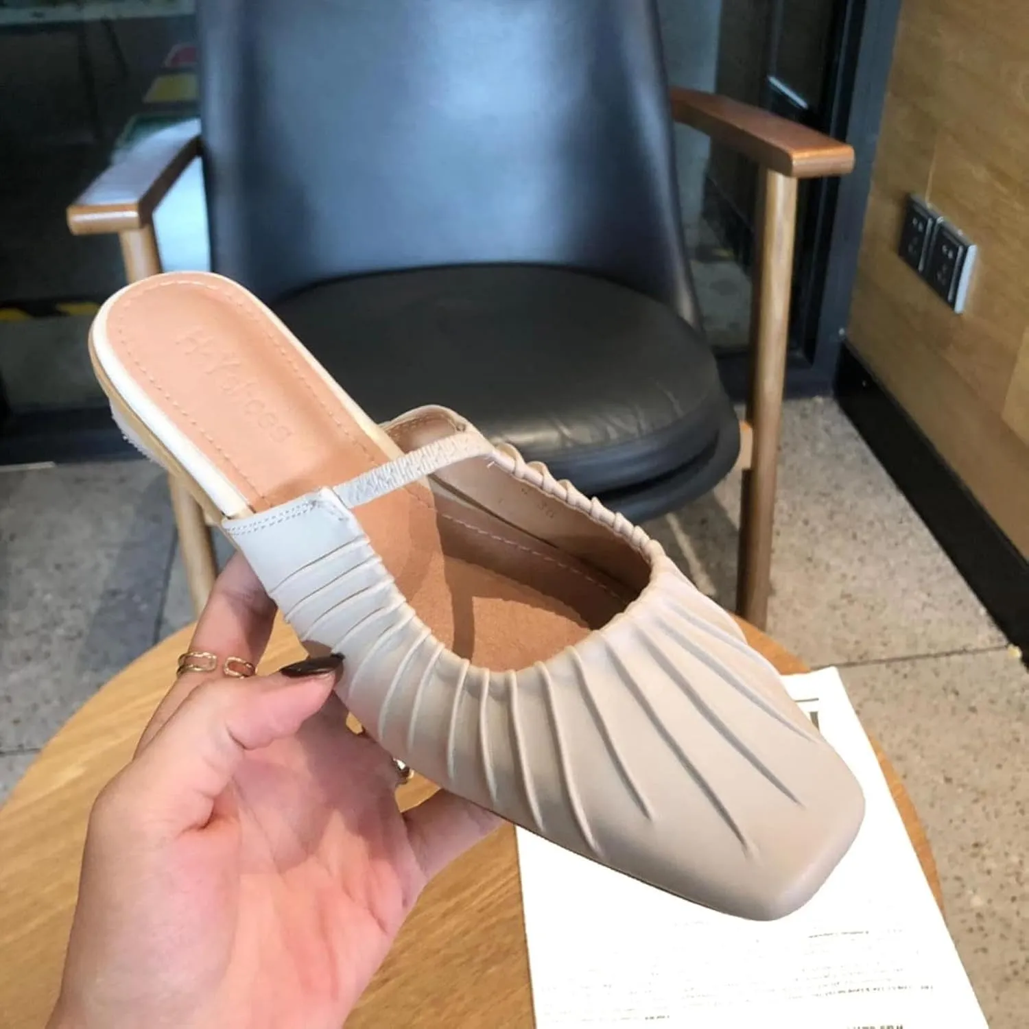 Women's Square Toed Flat Pleated Leather Slip Cover Low Heel Loafers Comfortable Casual Sandals
