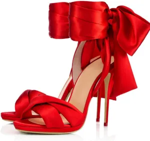 Women's Strappy Ribbon Stiletto High Heels Slingback Ankle Strap with Bow Open Toe Satin Lace Up Sexy Prom Classy Heels Sandals
