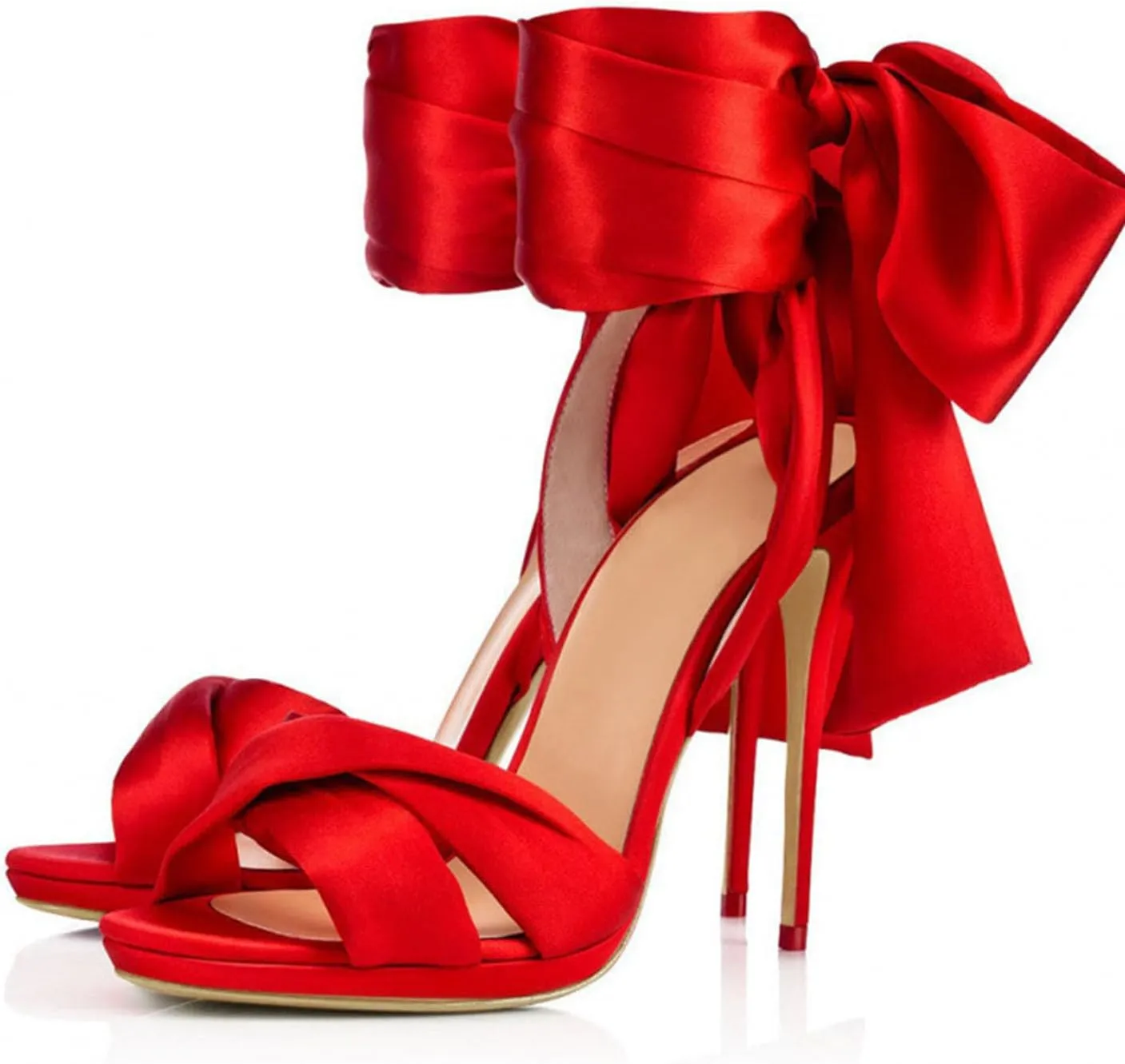 Women's Strappy Ribbon Stiletto High Heels Slingback Ankle Strap with Bow Open Toe Satin Lace Up Sexy Prom Classy Heels Sandals