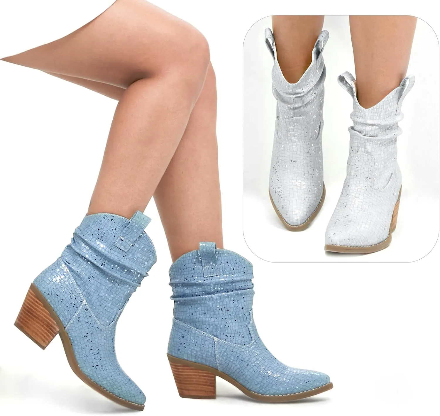 Womens Studded Cowboy Boots Fashion Vintage Sparkly Western Cowgirl Short Boots with Wide Calf Pointed Toe And Chunky Heel Design Ankle Boot