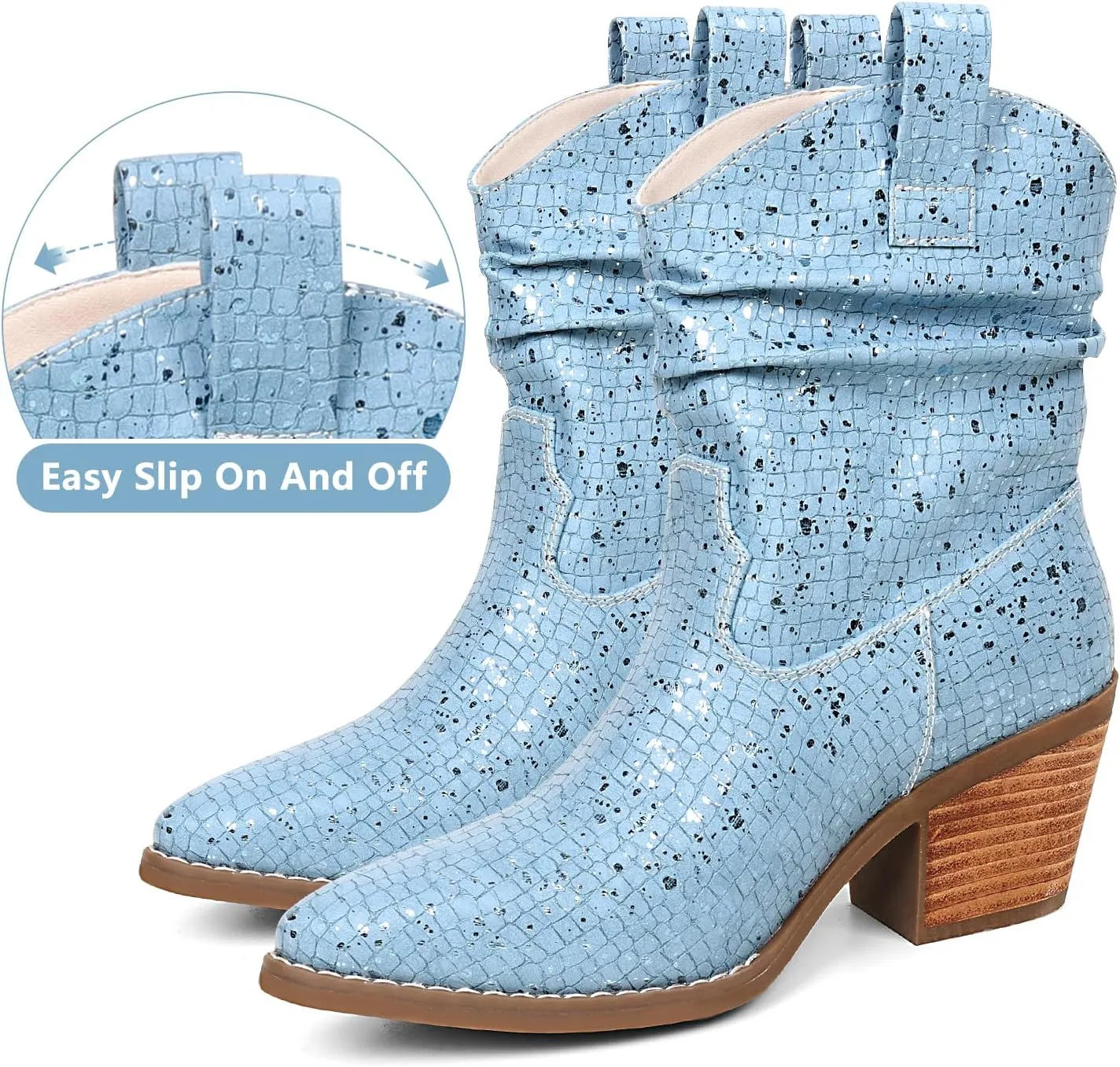 Womens Studded Cowboy Boots Fashion Vintage Sparkly Western Cowgirl Short Boots with Wide Calf Pointed Toe And Chunky Heel Design Ankle Boot