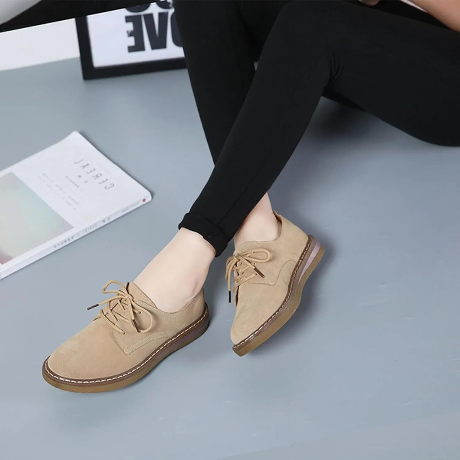 Women's Suede Lace Up Oxford Shoes Fashion Business Luxury Casual Flats Shoes Work Office Driving Sneakers Shoes