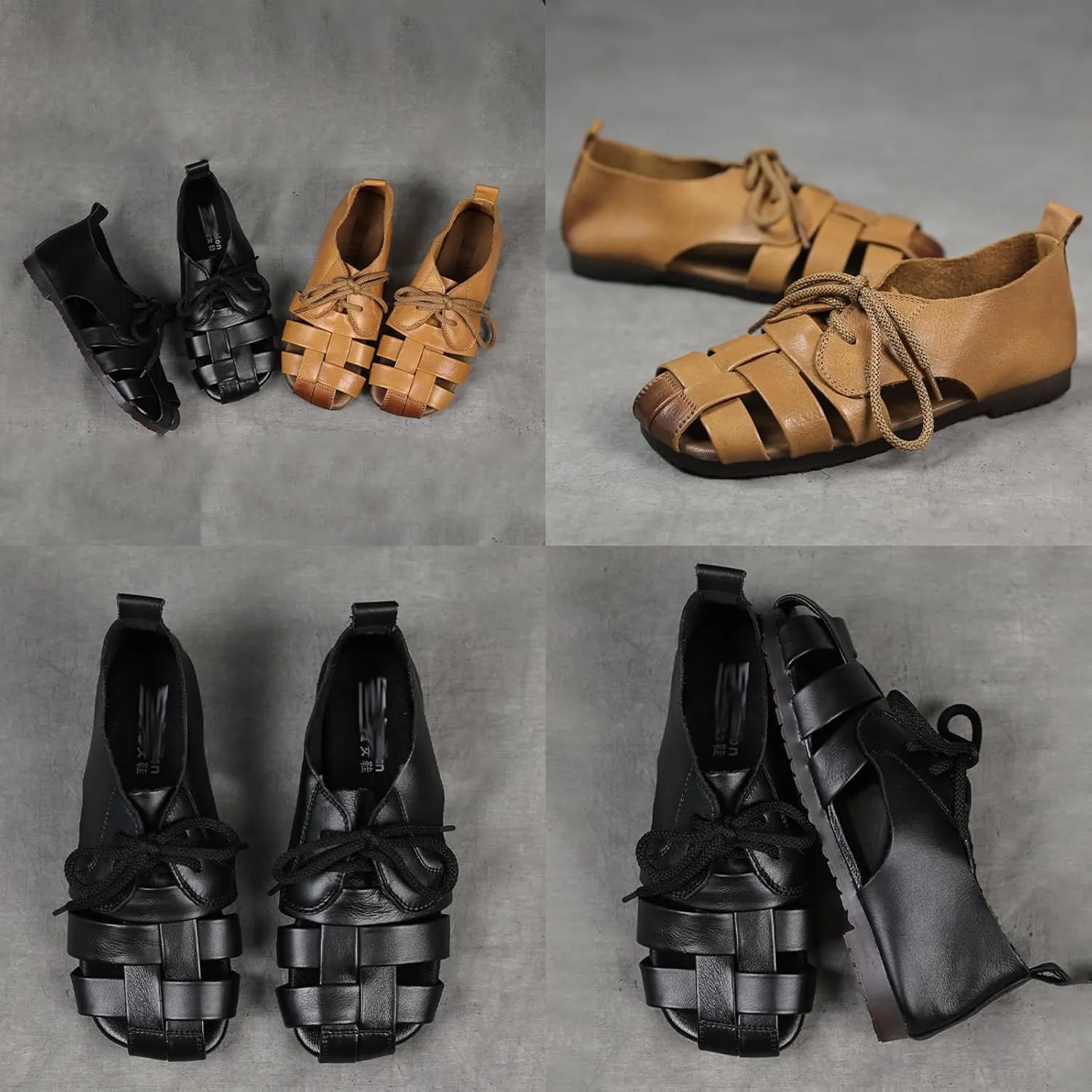 Women's Summer Closed Toe Flats Sandals,Vintage Comfort Handmade Woven Bow Lace Up Non-Slip Softsole Fisherman Shoes