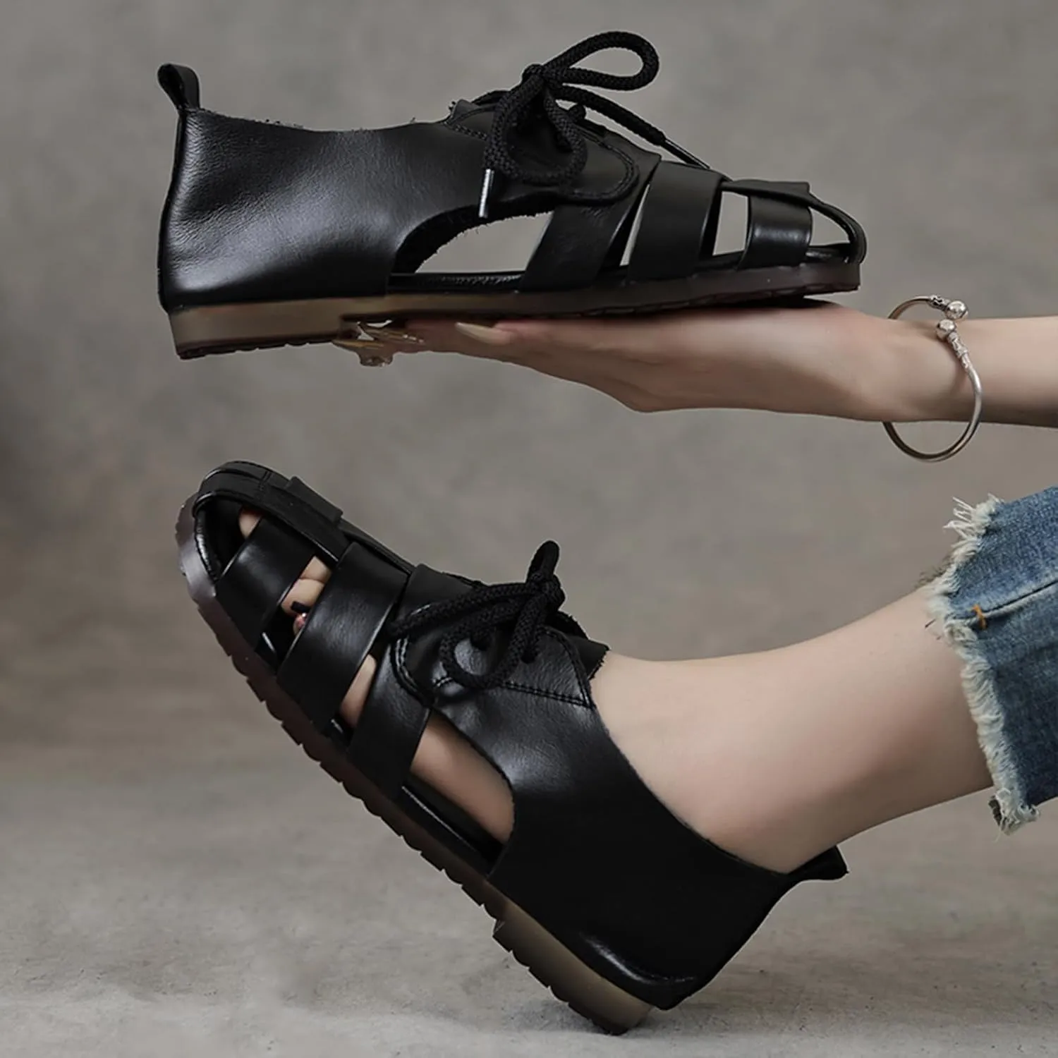 Women's Summer Closed Toe Flats Sandals,Vintage Comfort Handmade Woven Bow Lace Up Non-Slip Softsole Fisherman Shoes