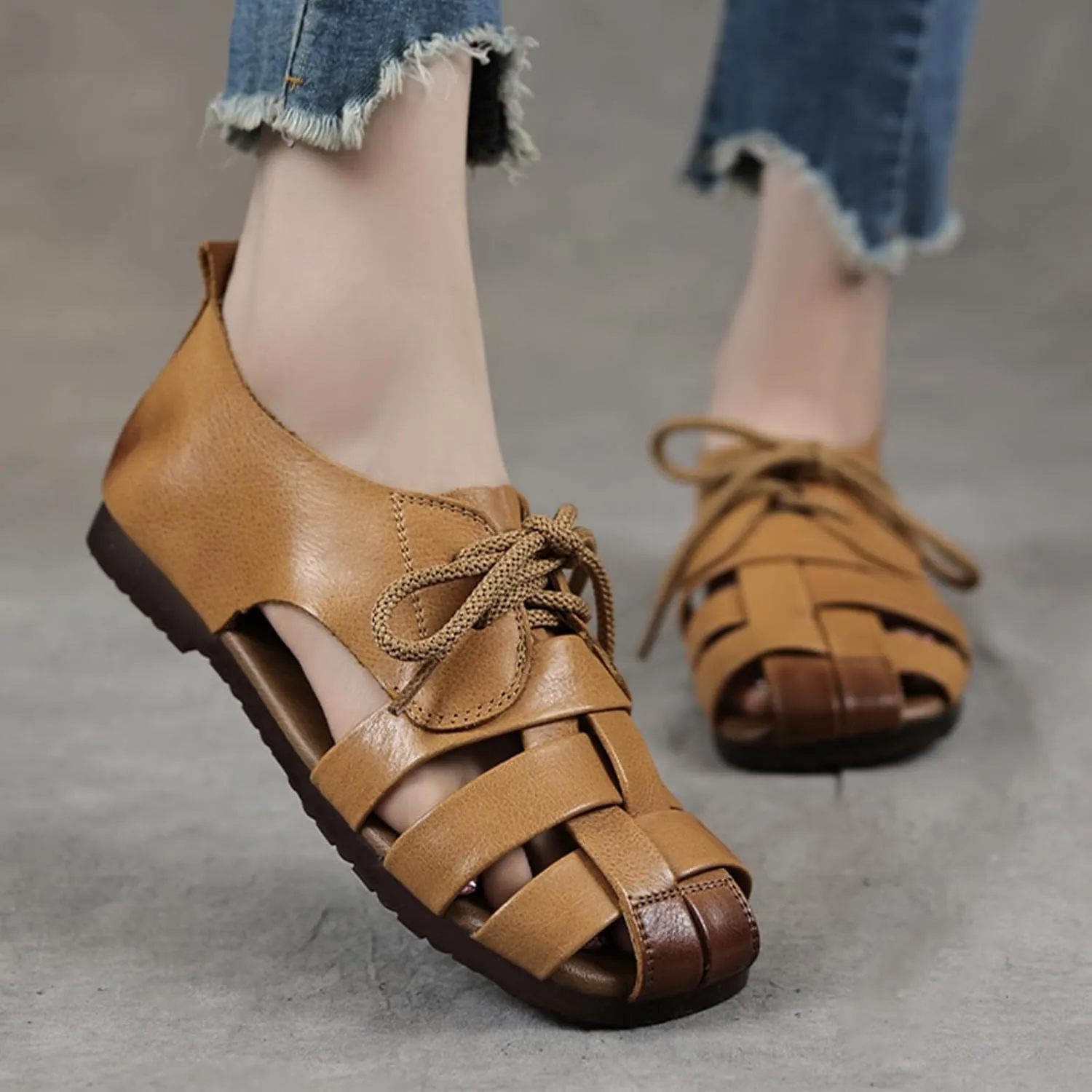 Women's Summer Closed Toe Flats Sandals,Vintage Comfort Handmade Woven Bow Lace Up Non-Slip Softsole Fisherman Shoes