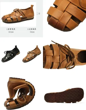 Women's Summer Closed Toe Flats Sandals,Vintage Comfort Handmade Woven Bow Lace Up Non-Slip Softsole Fisherman Shoes
