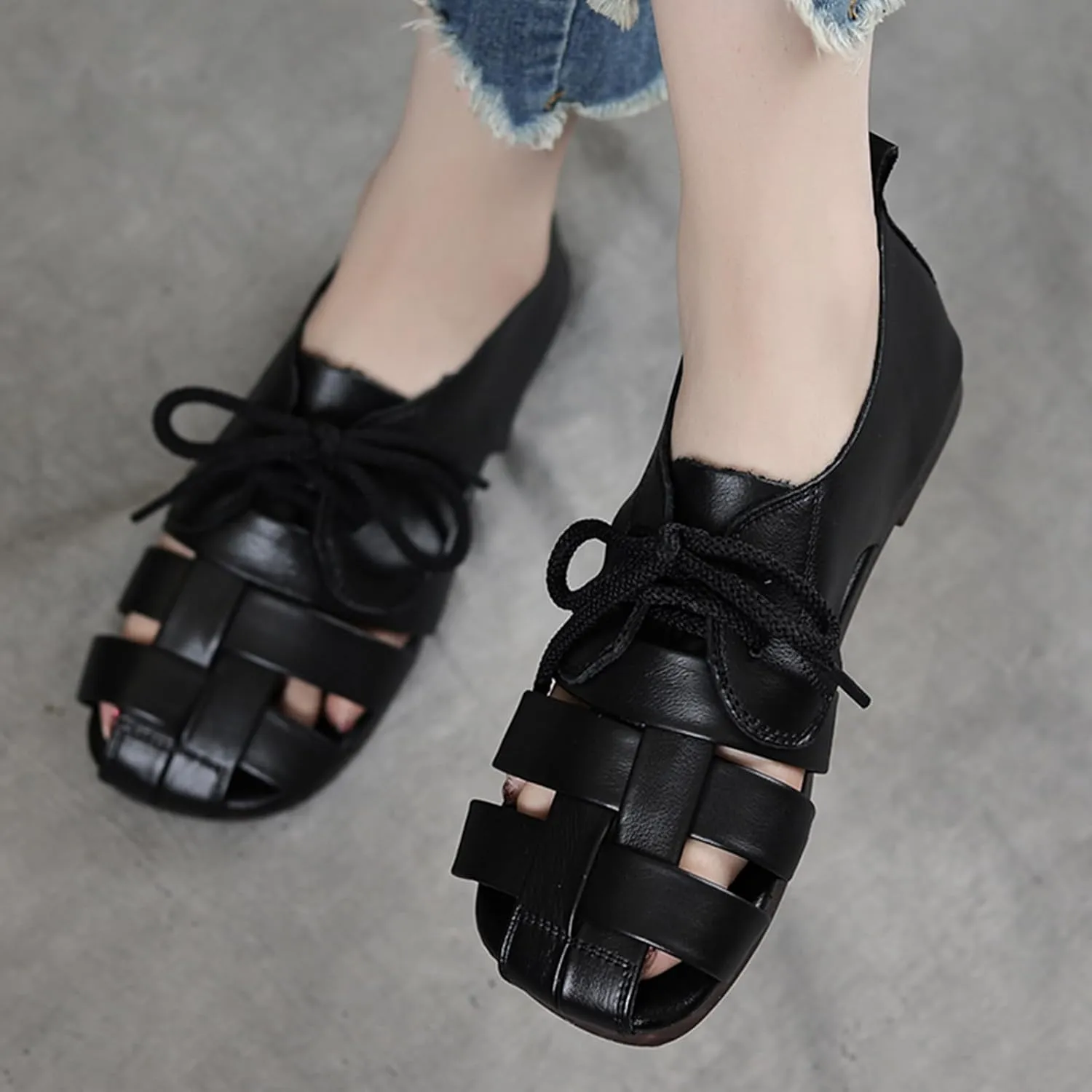 Women's Summer Closed Toe Flats Sandals,Vintage Comfort Handmade Woven Bow Lace Up Non-Slip Softsole Fisherman Shoes