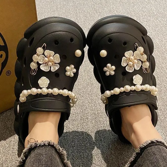Women's Trendy Platform Clogs, Solid Color Hollow Out Non Slip Slide Shoes, Outdoor Beach Sandals