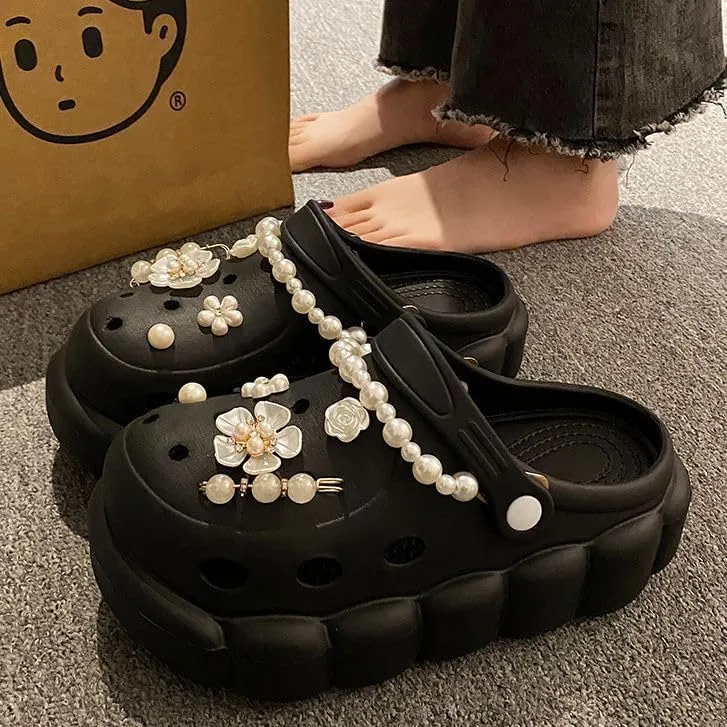 Women's Trendy Platform Clogs, Solid Color Hollow Out Non Slip Slide Shoes, Outdoor Beach Sandals