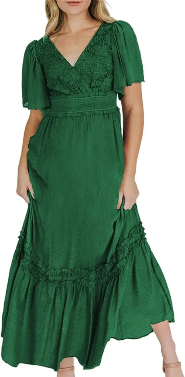 Women's V-Neck Formal Lace Maxi Dress Ruffle Fringe Short Sleeve Boho Wedding Guest Long Dresses