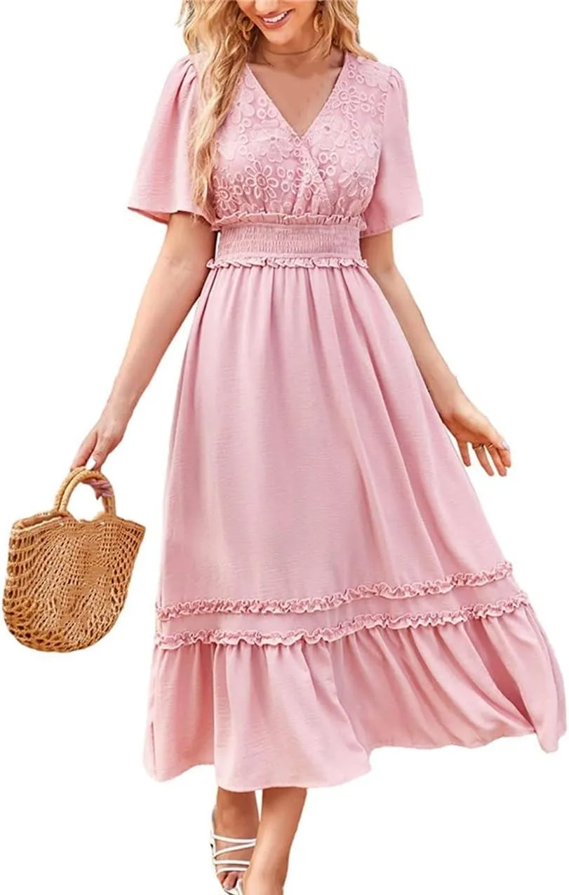 Women's V-Neck Formal Lace Maxi Dress Ruffle Fringe Short Sleeve Boho Wedding Guest Long Dresses