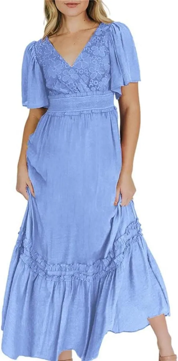 Women's V-Neck Formal Lace Maxi Dress Ruffle Fringe Short Sleeve Boho Wedding Guest Long Dresses