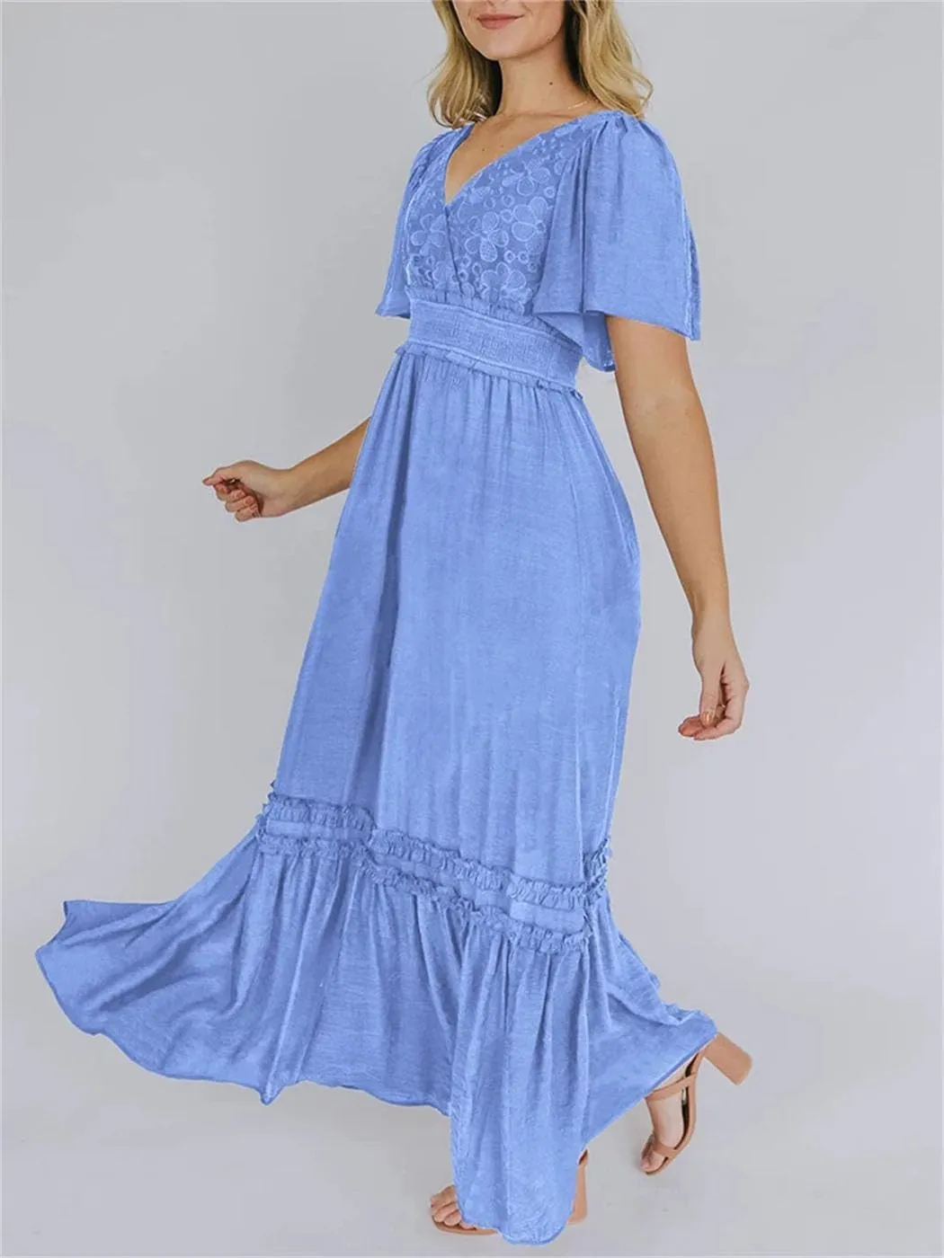 Women's V-Neck Formal Lace Maxi Dress Ruffle Fringe Short Sleeve Boho Wedding Guest Long Dresses