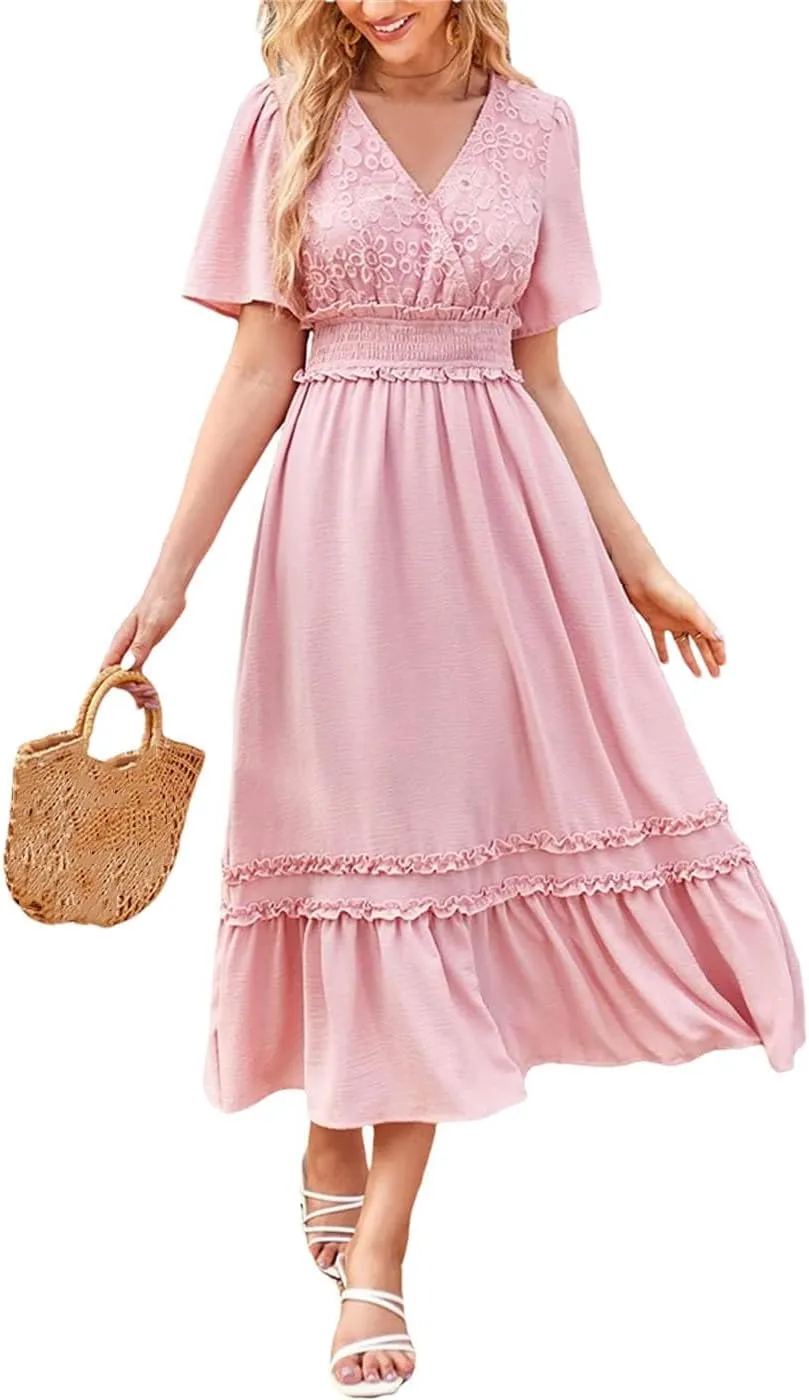 Women's V-Neck Formal Lace Maxi Dress Ruffle Fringe Short Sleeve Boho Wedding Guest Long Dresses