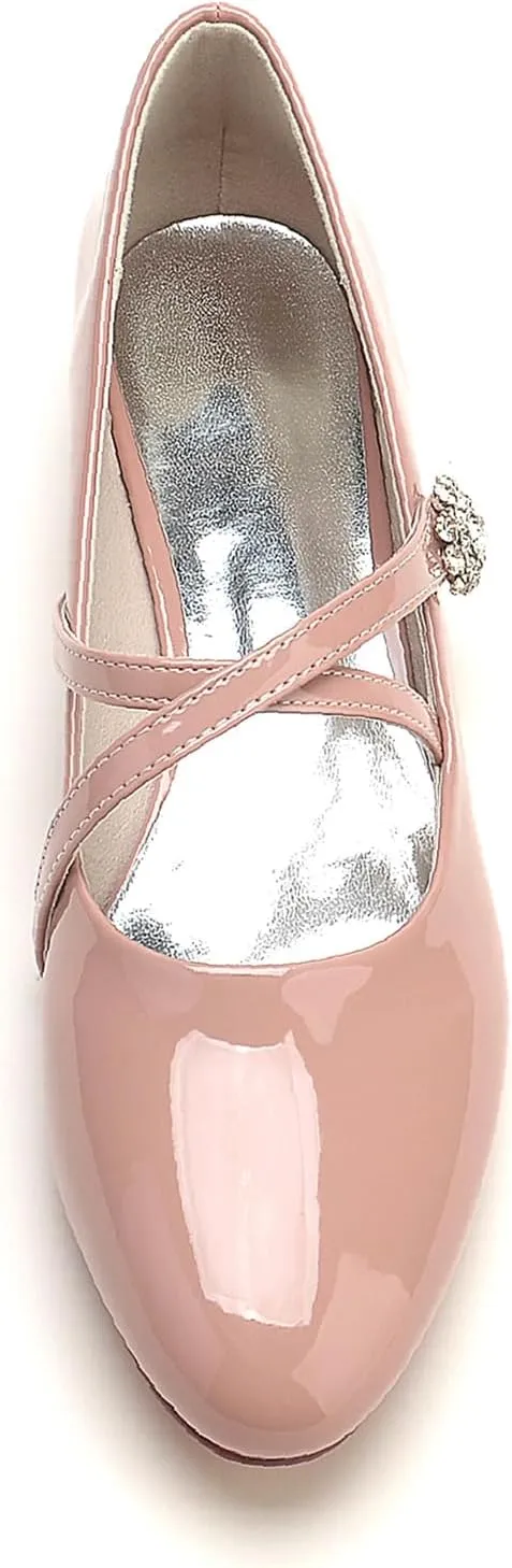 Women's Wedding Shoes Closed Toe Patent Leather Flats Ankle Strap with Rhinestone Round Toe Slip on Bridal Ballet Sandals
