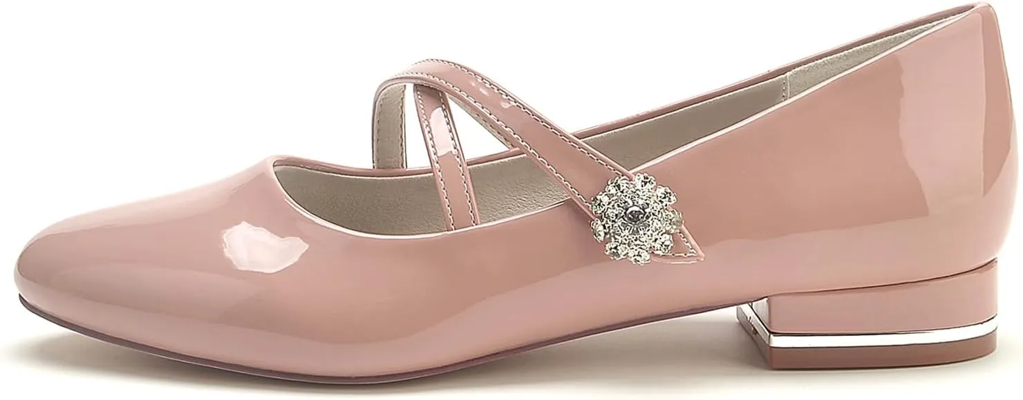 Women's Wedding Shoes Closed Toe Patent Leather Flats Ankle Strap with Rhinestone Round Toe Slip on Bridal Ballet Sandals
