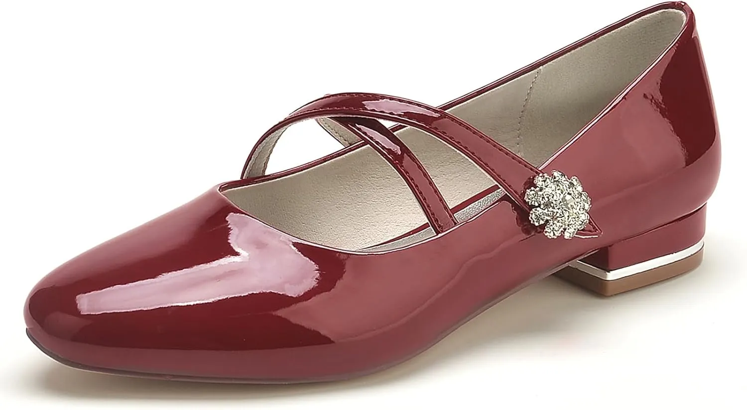 Women's Wedding Shoes Closed Toe Patent Leather Flats Ankle Strap with Rhinestone Round Toe Slip on Bridal Ballet Sandals