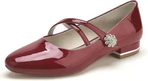 Women's Wedding Shoes Closed Toe Patent Leather Flats Ankle Strap with Rhinestone Round Toe Slip on Bridal Ballet Sandals