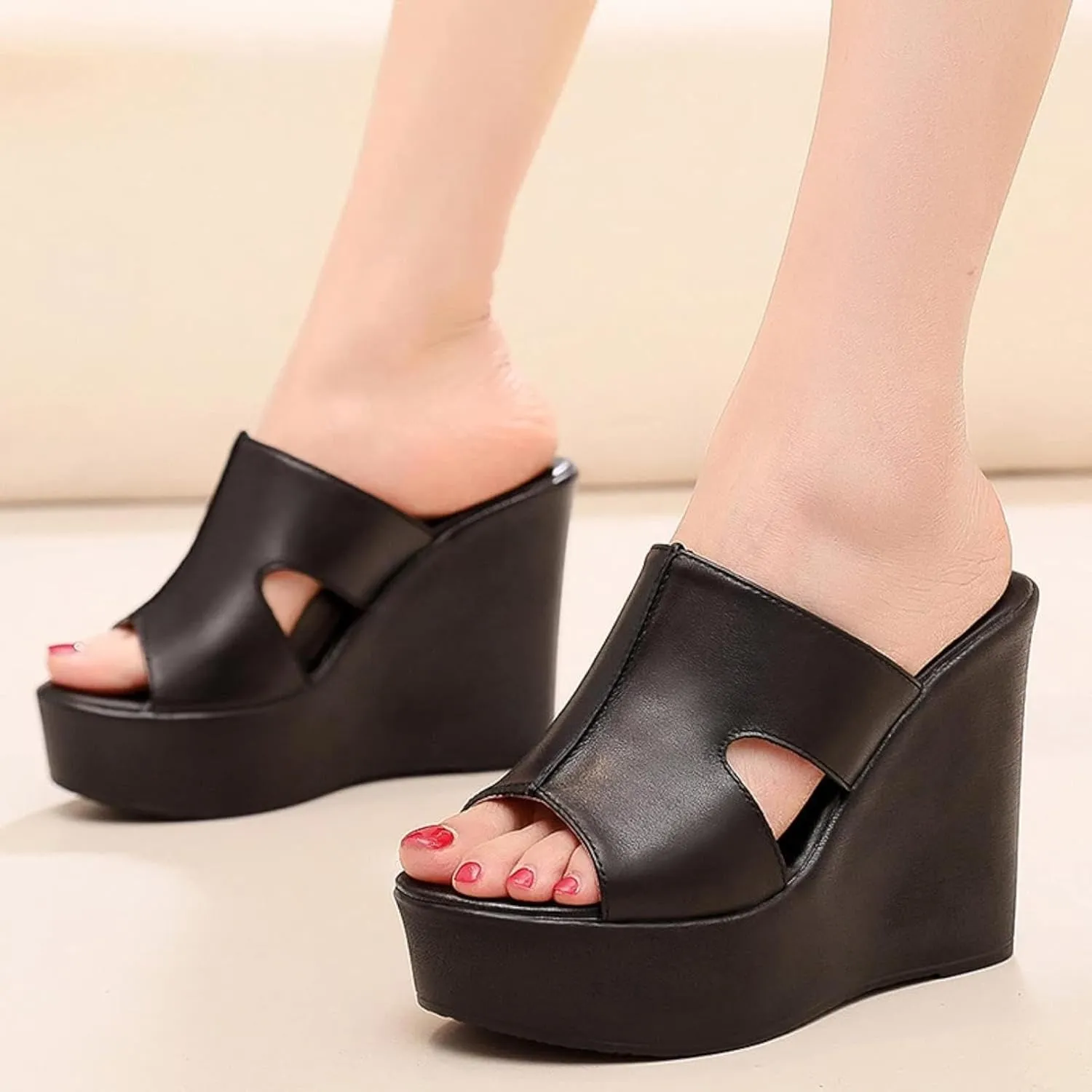 Women's Wedge with Exposed Toes up Cowhide Hollow Support Summer Slip Sandals