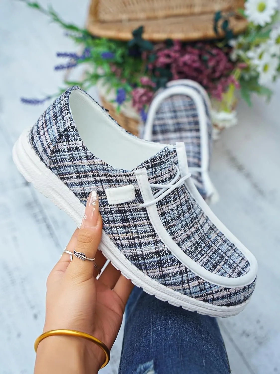 Women's Wendy Plaid Lace-up Loafers Canvas Slip-On Casual Boat Shoes Comfortable Orthotic Walking Sneakers
