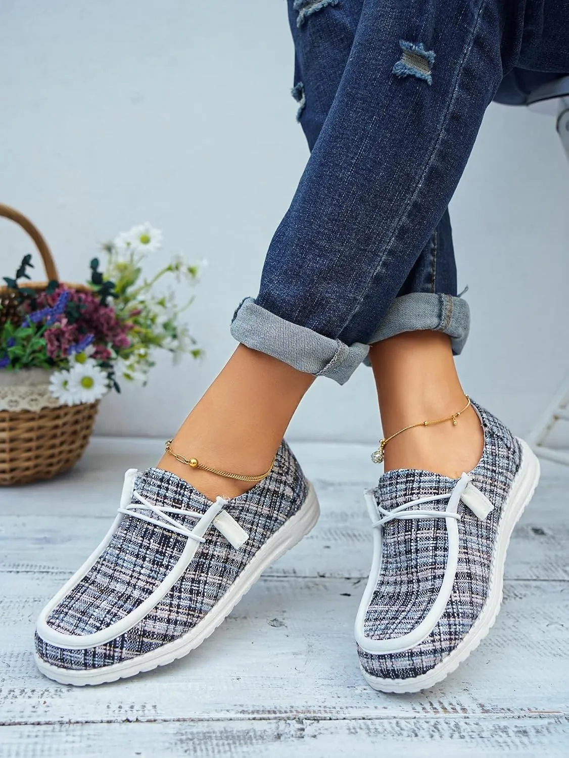 Women's Wendy Plaid Lace-up Loafers Canvas Slip-On Casual Boat Shoes Comfortable Orthotic Walking Sneakers