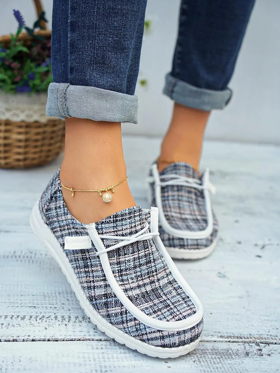 Women's Wendy Plaid Lace-up Loafers Canvas Slip-On Casual Boat Shoes Comfortable Orthotic Walking Sneakers