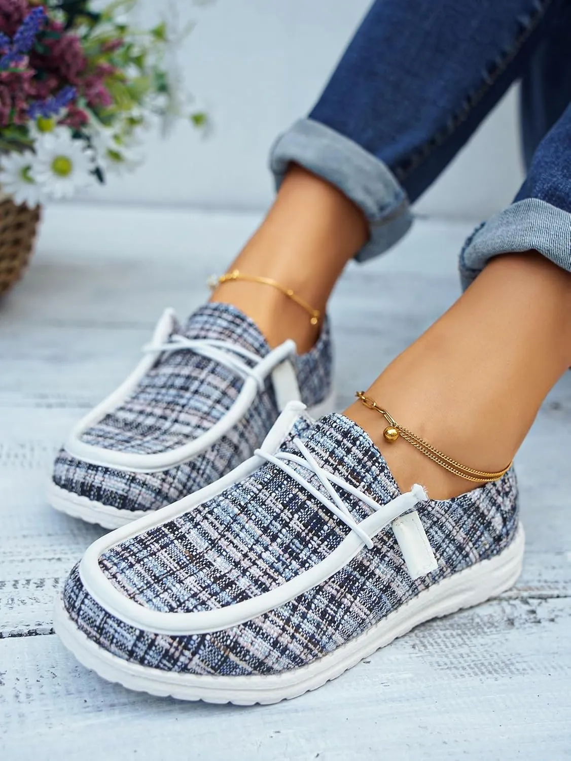 Women's Wendy Plaid Lace-up Loafers Canvas Slip-On Casual Boat Shoes Comfortable Orthotic Walking Sneakers
