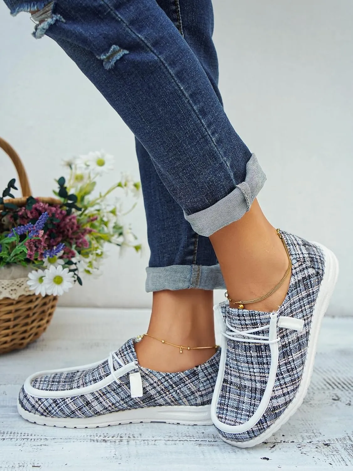 Women's Wendy Plaid Lace-up Loafers Canvas Slip-On Casual Boat Shoes Comfortable Orthotic Walking Sneakers