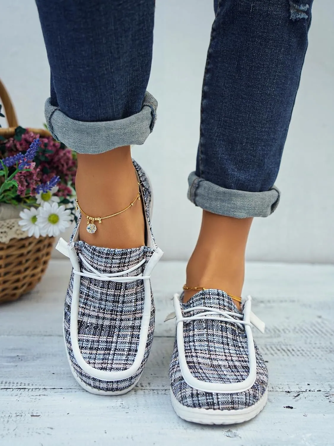 Women's Wendy Plaid Lace-up Loafers Canvas Slip-On Casual Boat Shoes Comfortable Orthotic Walking Sneakers