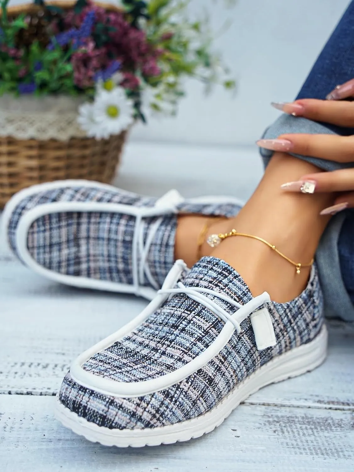 Women's Wendy Plaid Lace-up Loafers Canvas Slip-On Casual Boat Shoes Comfortable Orthotic Walking Sneakers