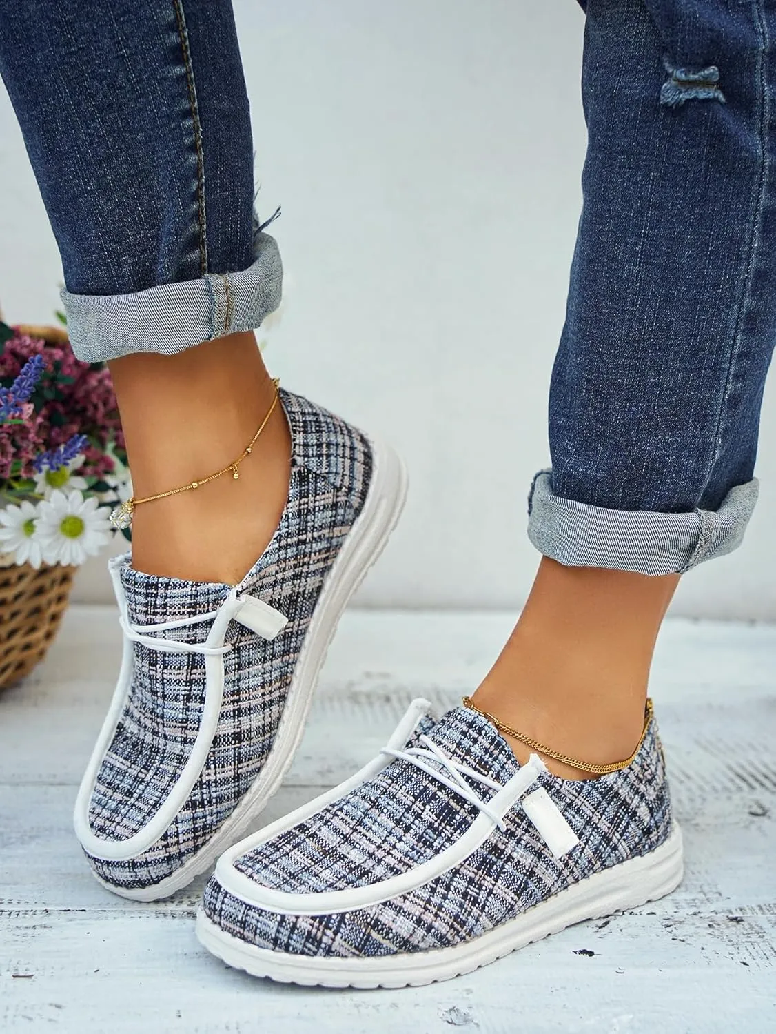 Women's Wendy Plaid Lace-up Loafers Canvas Slip-On Casual Boat Shoes Comfortable Orthotic Walking Sneakers