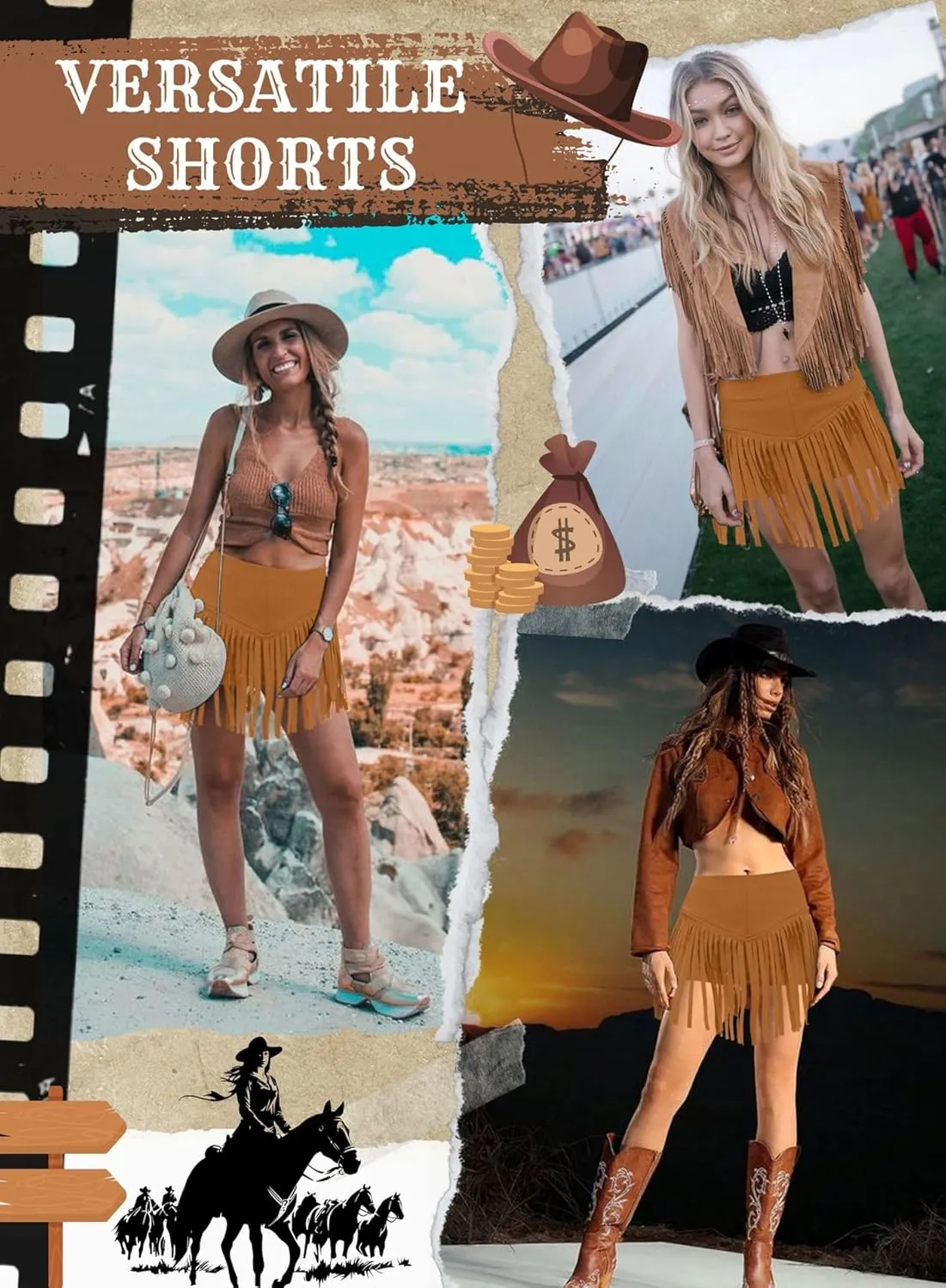 Womens Western Cowgirl Fringe Shorts - Country Concert Outfits Rave Booty Rodeo Festival Dance Boho Tassel Bottom